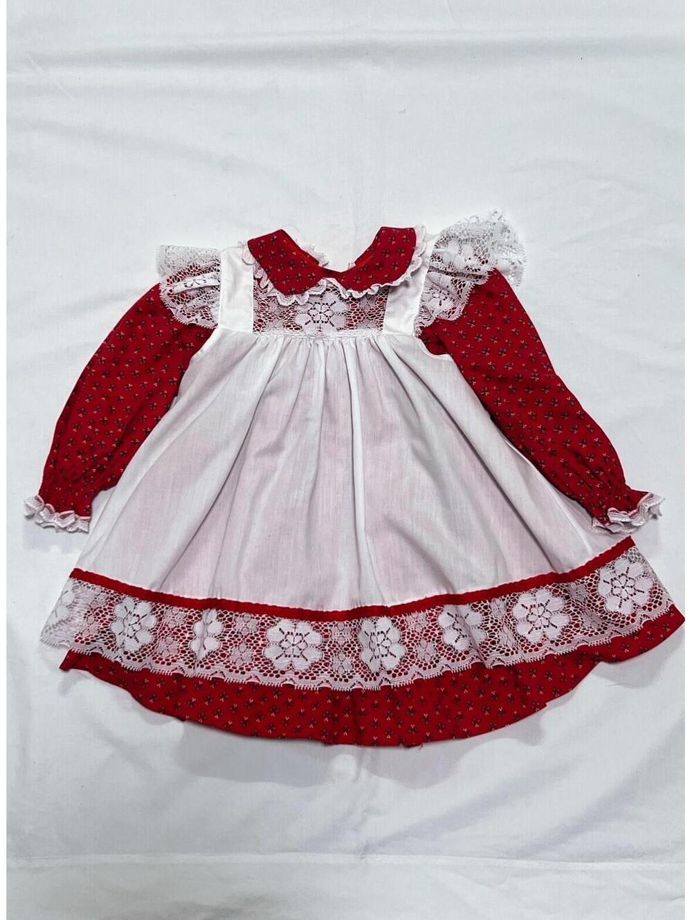 70’s Bryan Girl's Dress Red Pinafore long sleeve floral 12 Months